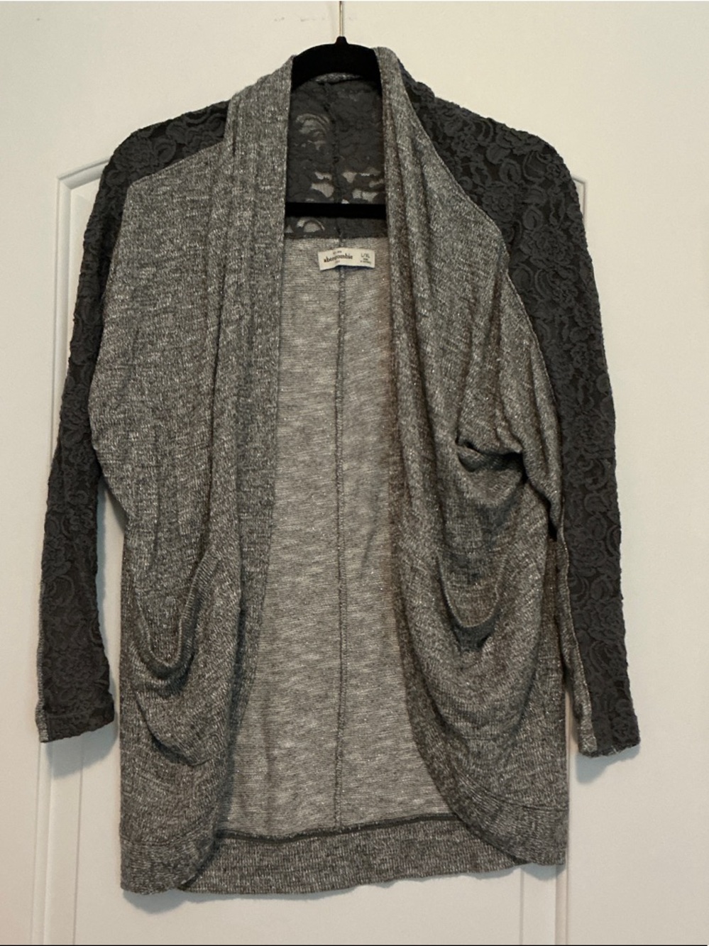 abercrombie kids Gray Draped Open-Front Cardigan with Lace Sleeves